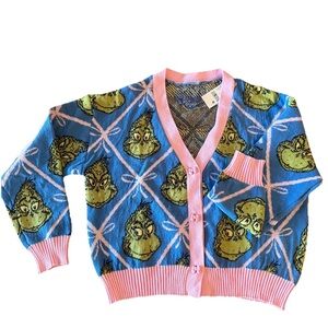 LAST ONE Women's Grinch Festive Graphic Cardigan Pink Bows Blue Large